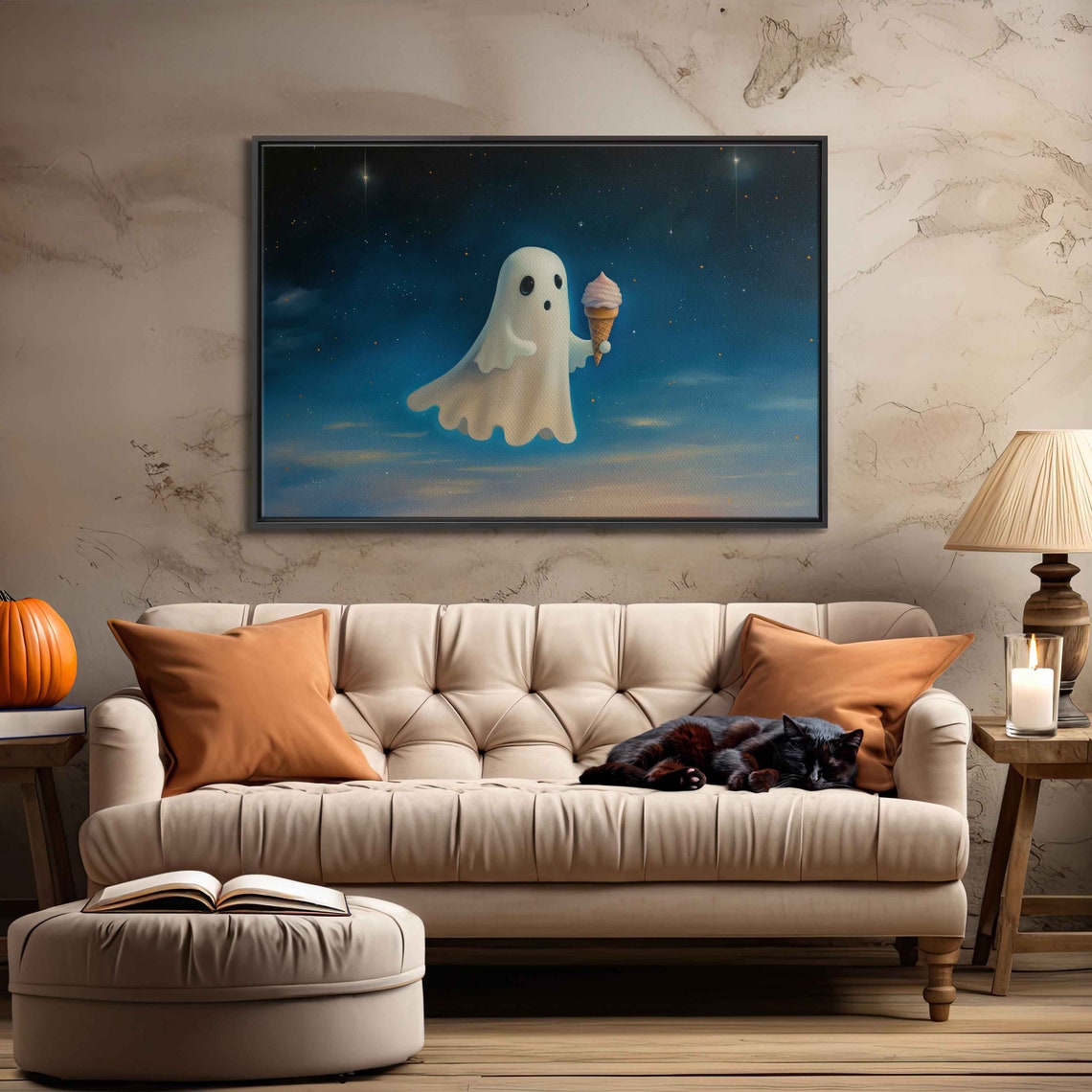 Friendly Ghost Eating Ice Cream Cone Starry Night Halloween Art