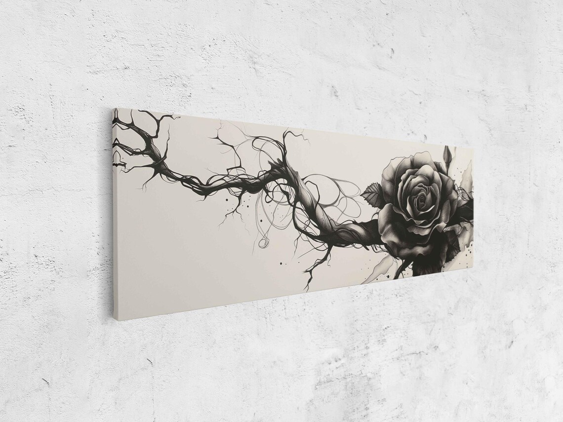 Black Rose With Twisted Thorns Branch Monochrome Floral Ink Painting Wall Art Print - Image 4