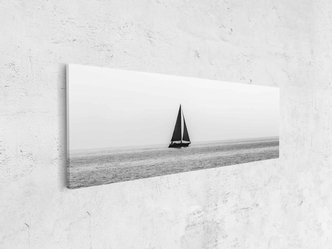 Lone Sailboat Dark Sails Gray Sea Monochrome Panoramic Poster - Image 4