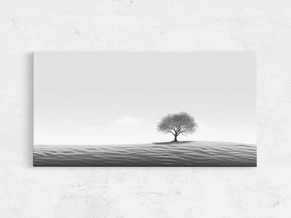 Western Grayscale Desert Line Art With Tree Framed Print Ready To Hang Monochrome Minimalist Mid Century Art