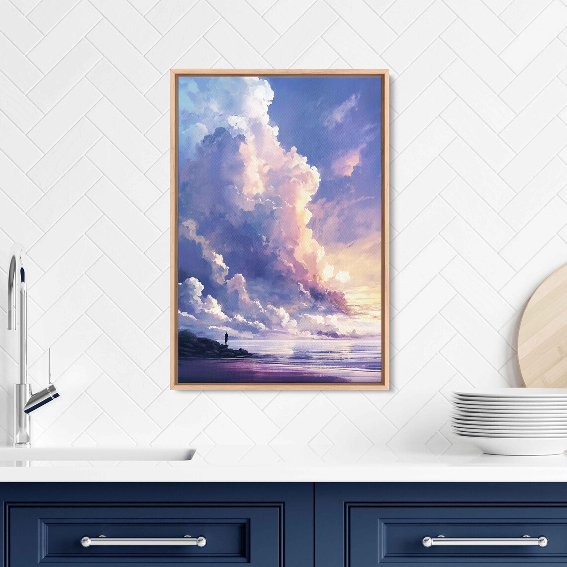 Pastel Cloud Tower Calm Purple Sea Lone Figure Dreamy Coastal Sky Wall Poster - Image 2