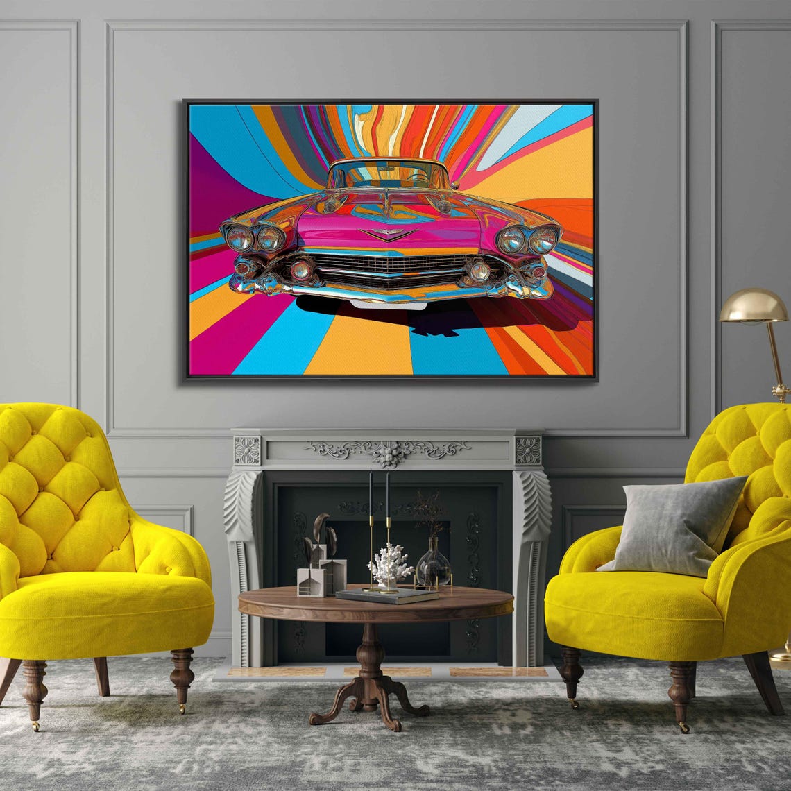 Pink 1950s Classic Car Front View Psychedelic Rays Pop Art Poster - Image 3