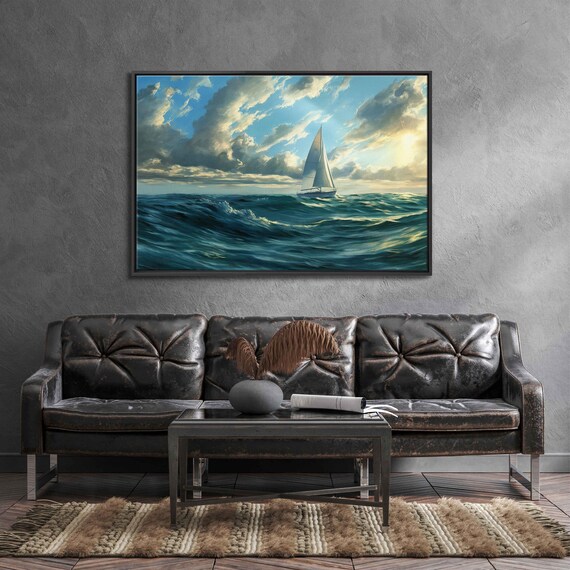 Sailboat Riding Crashing Turquoise Waves Golden Sky Oil Poster