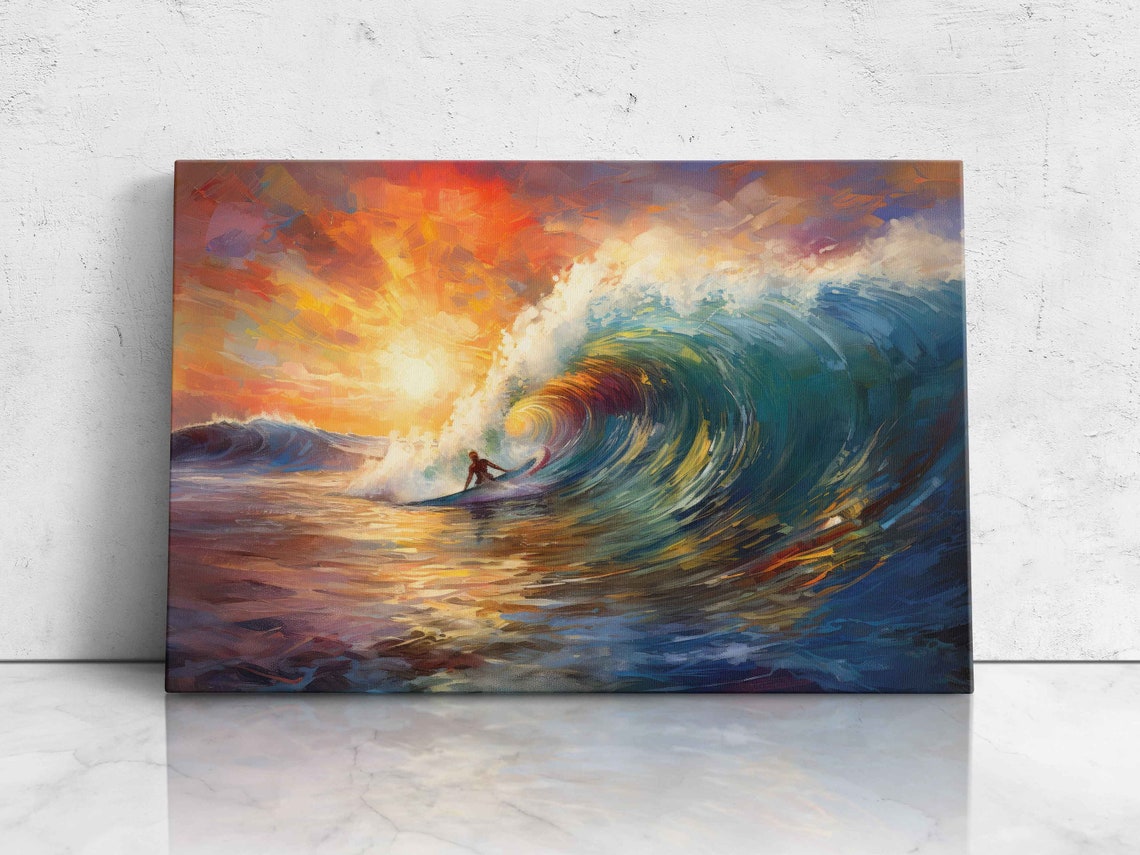 Surfing A Big Wave Oil Painting Reproduction Print On Ready To Hang Beach Wall Art