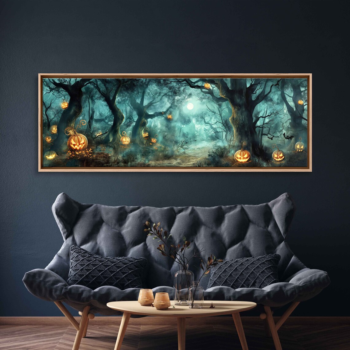 Moonlit Forest Path Glowing Jack O Lanterns Foggy Night Halloween Print - Image 3
