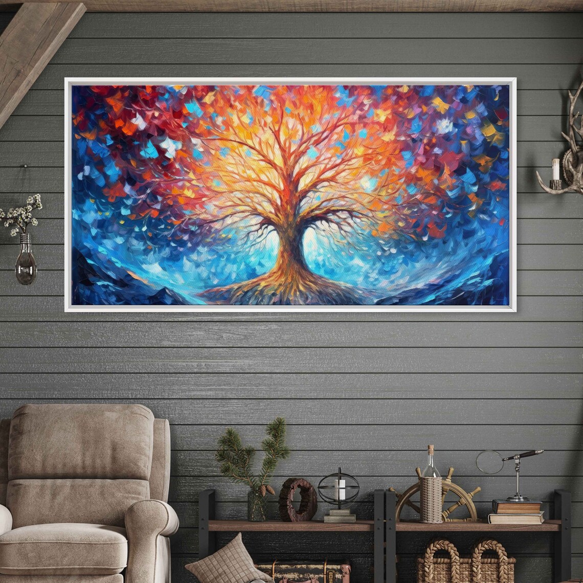 Ancient Colorful Tree Of Life Palette Knife Painting Framed Print Ready To Hang - Image 3