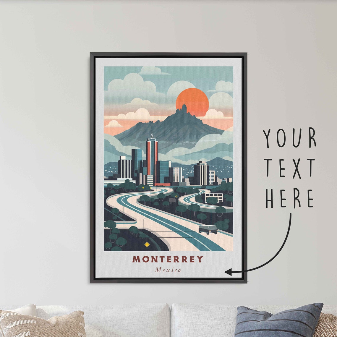 Monterrey Mexico Mountain Highway City Orange Sun Travel Poster