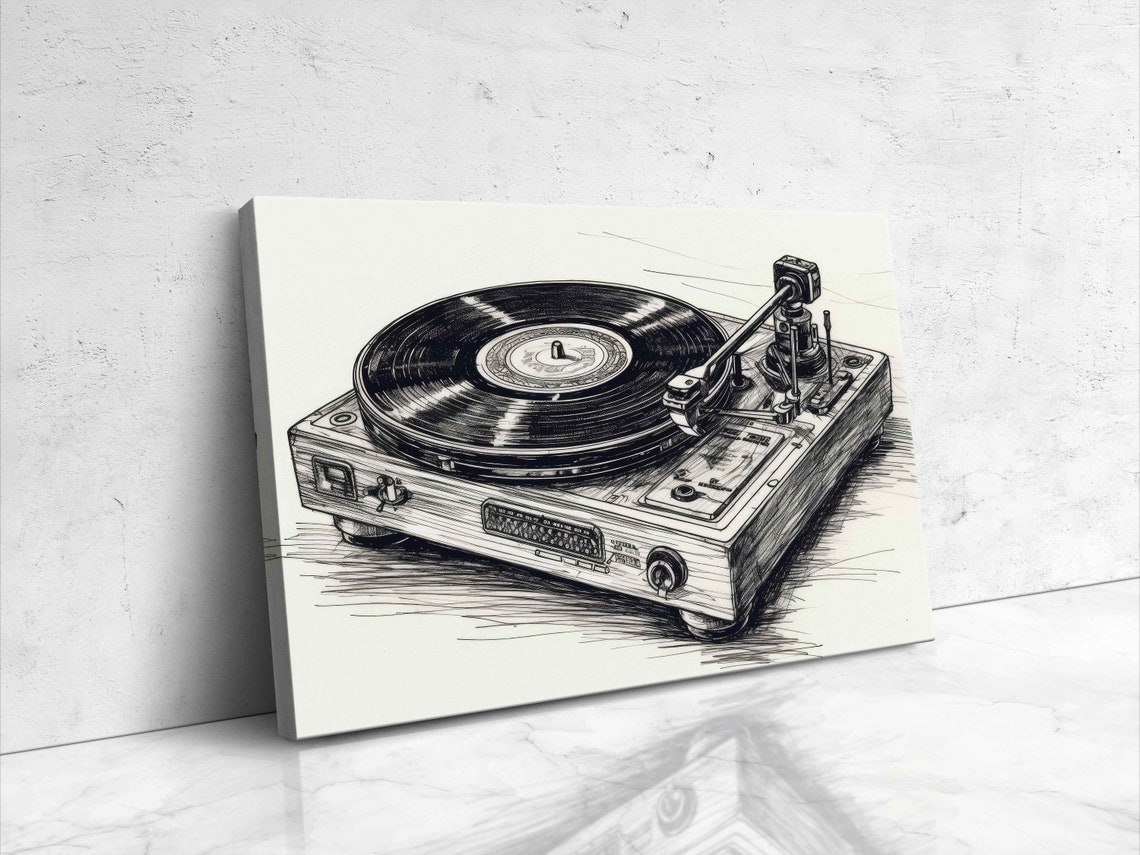 Vintage Record Player Turntable Pencil Sketch Drawing Wall Art Poster - Image 4