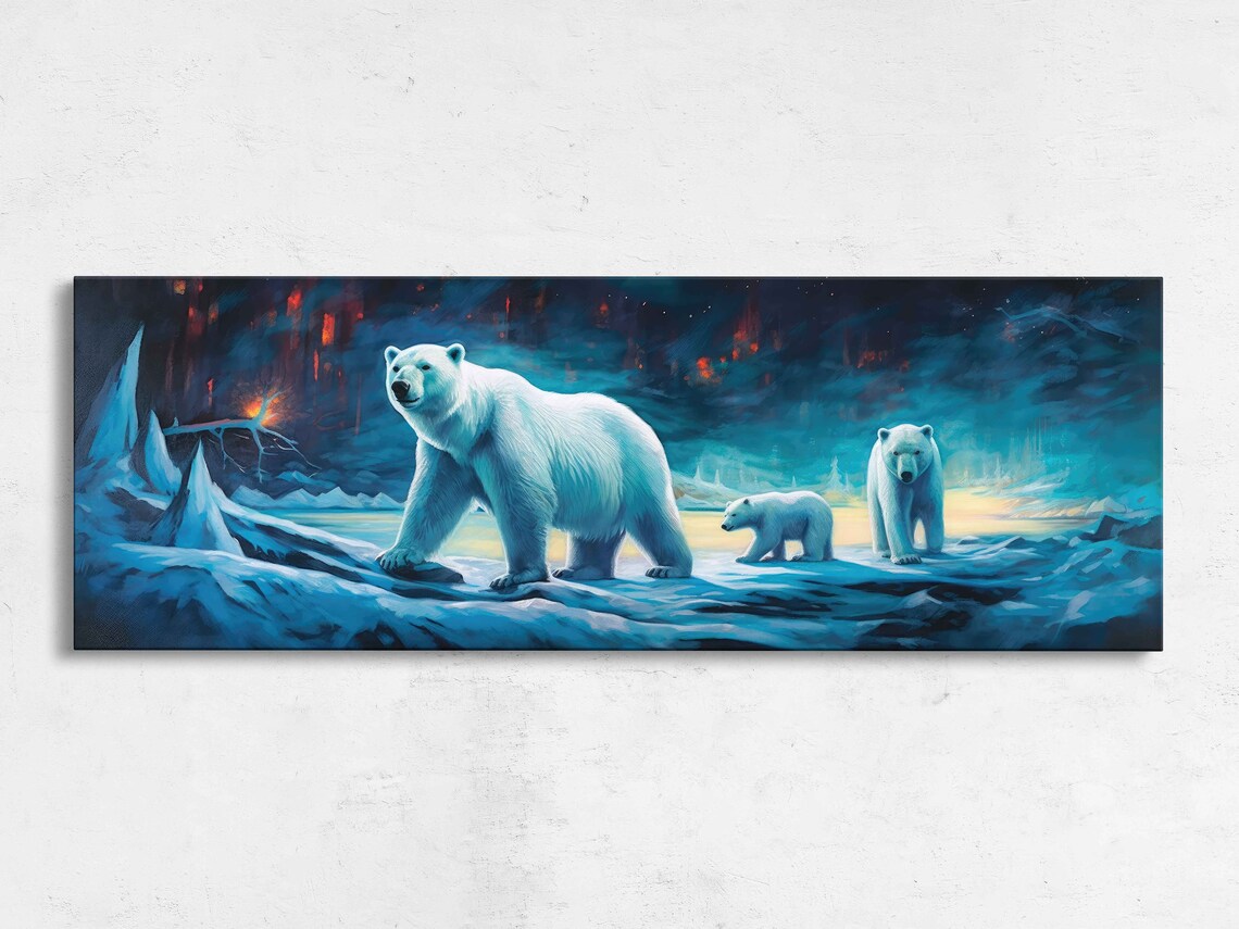 Polar Bear Family Crossing Arctic Ice Teal Twilight Sky Panoramic Art Poster