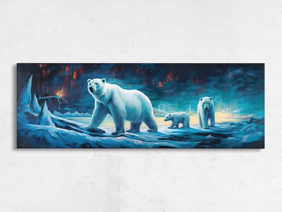 Polar Bear Family Crossing Arctic Ice Teal Twilight Sky Panoramic Art Poster