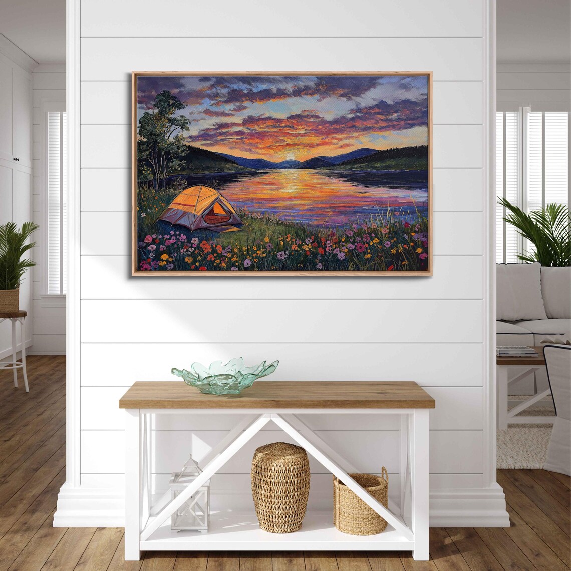 Tent By Lake At Sunset Wildflowers Reflection Purple Sky Art Poster - Image 3