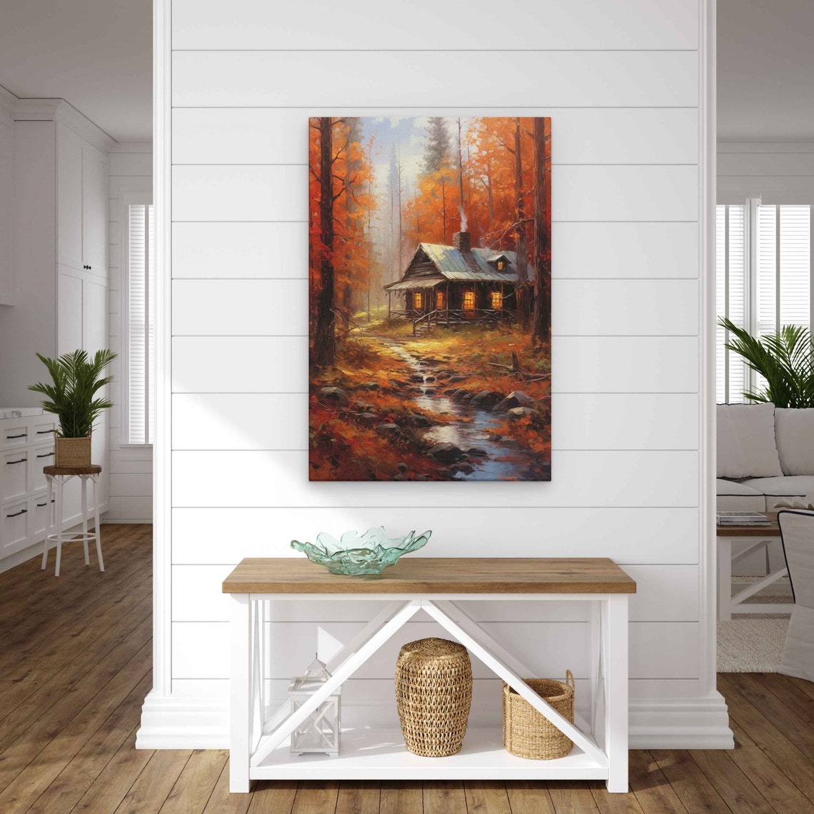 Cozy Autumn Cabin Orange Forest Stream Fall Colors Painting Print - Image 3