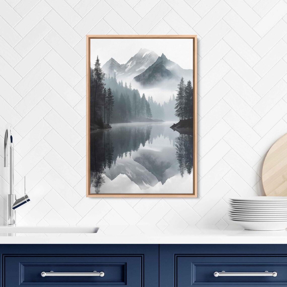 Serene Lake Flowing Through Mountainside Wall Art Print Monochromatic Art Lakeshore Forest Ready To Hang - Image 2