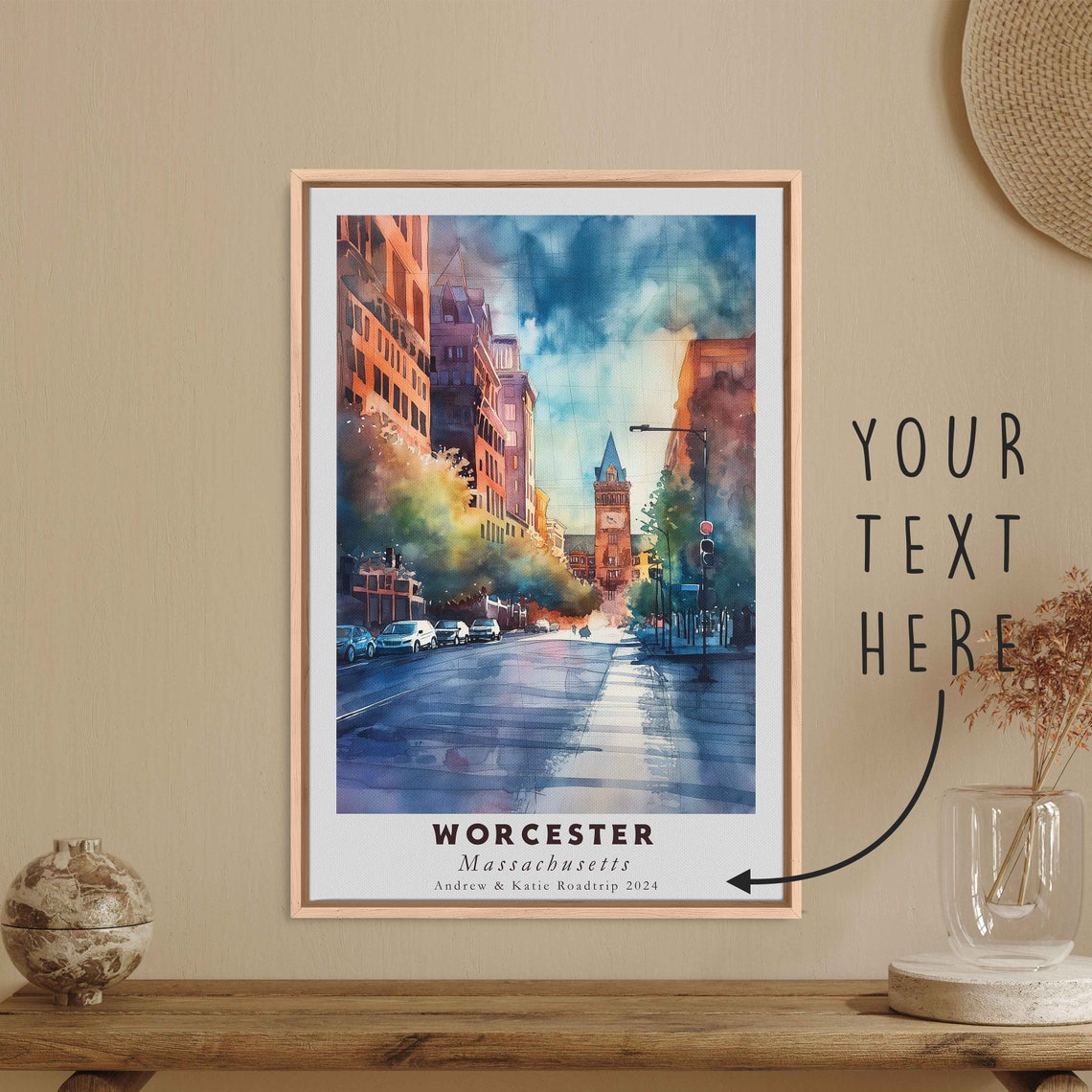 Worcester Massachusetts Watercolor Street Clock Tower Rainy Day Print - Image 3