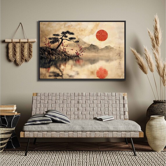Red Sun Japanese Art Painting Sunset Over Bosai Tree Oriental Wall Art Ready To Hang