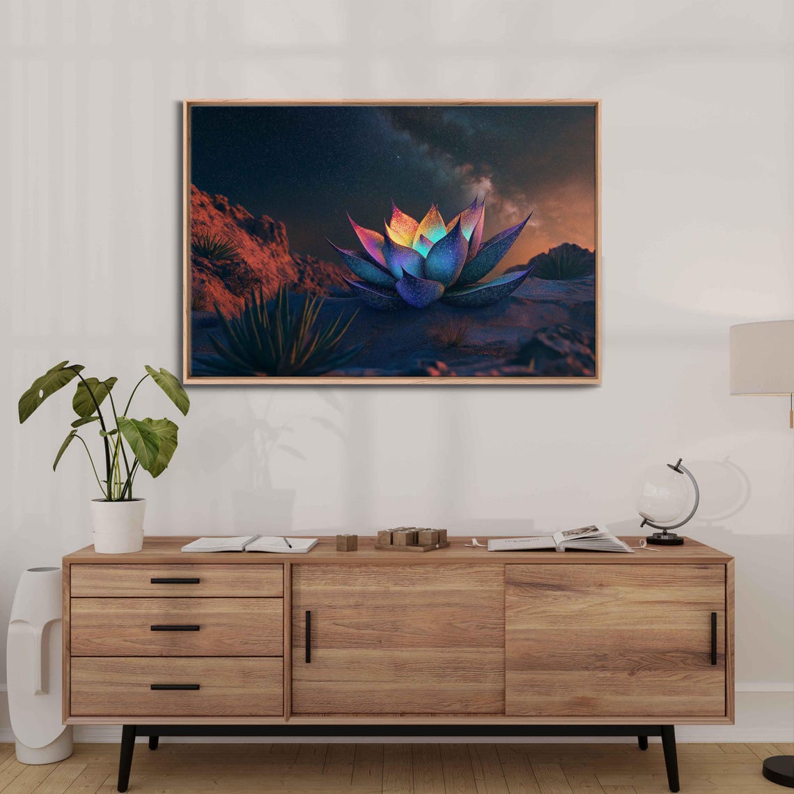 Glowing Rainbow Agave Under Starry Desert Night Sky Art Poster