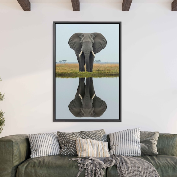 African Elephant With Reflection In Water Wildlife Art Print