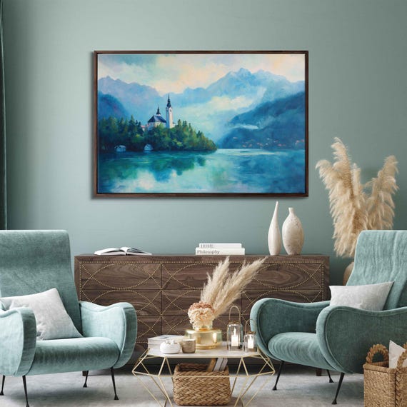 Lake Bled In Slovenia Wall Art Print Dreamy Oil Painting Iconic Island Church