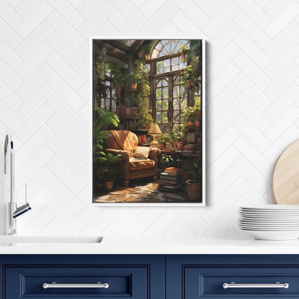 Sunroom Book Nook Leather Chair Plants Reading Corner Book Lover Print - Image 3