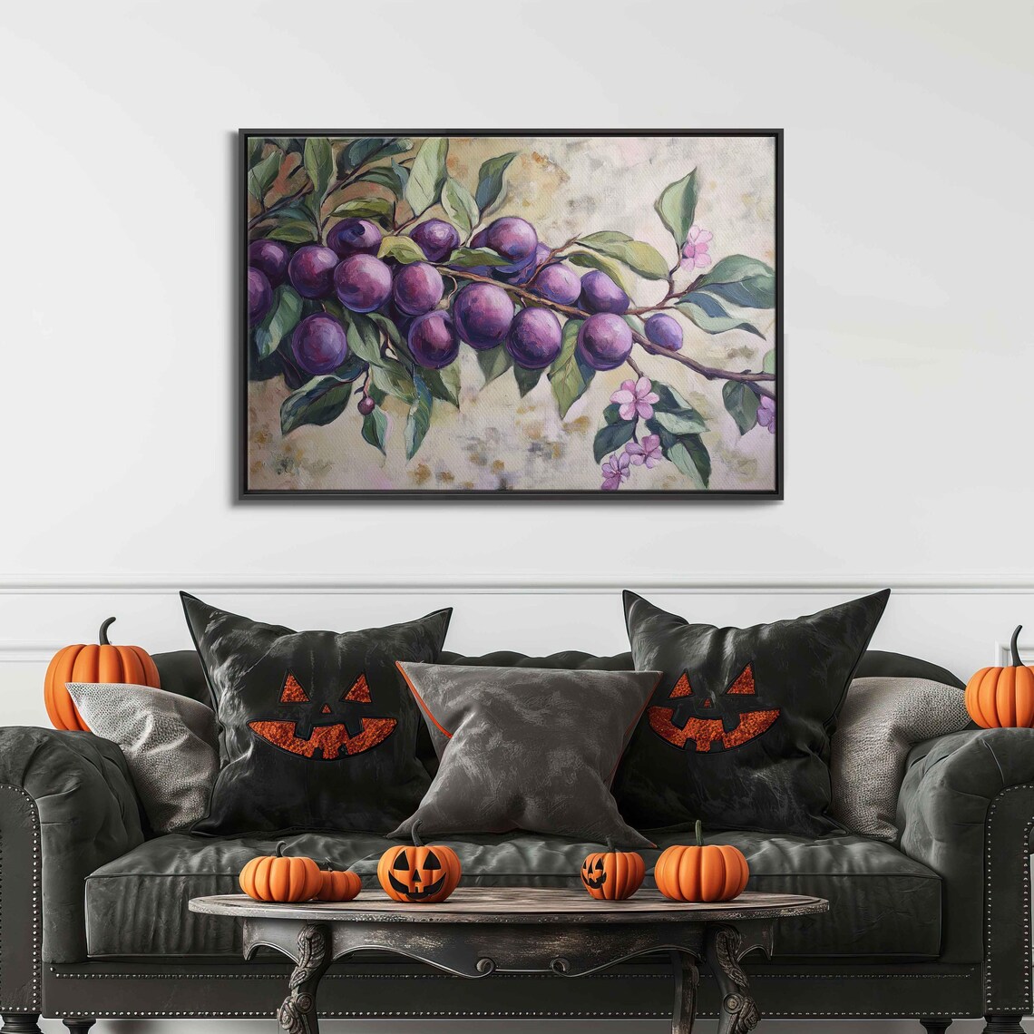 Ripe Purple Plums On Branch With Pink Blossom Botanical Art Print - Image 3