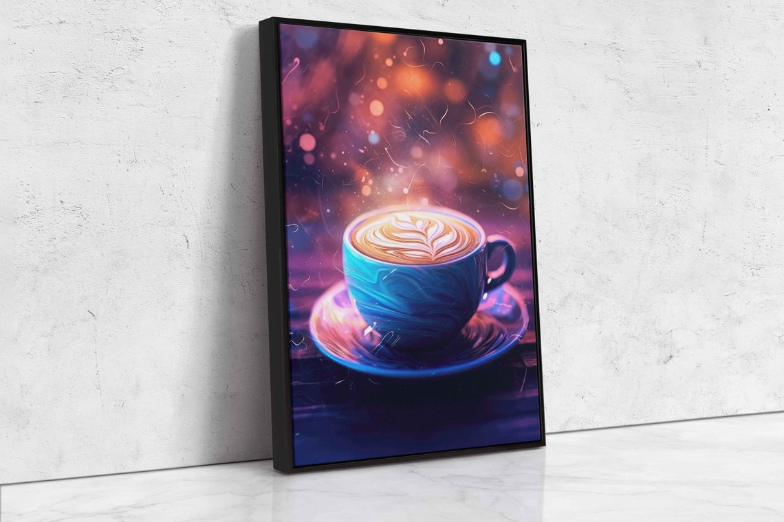 Colorful Latte Art Coffee Cup Neon Bokeh Background Wall Art Print - Image 4