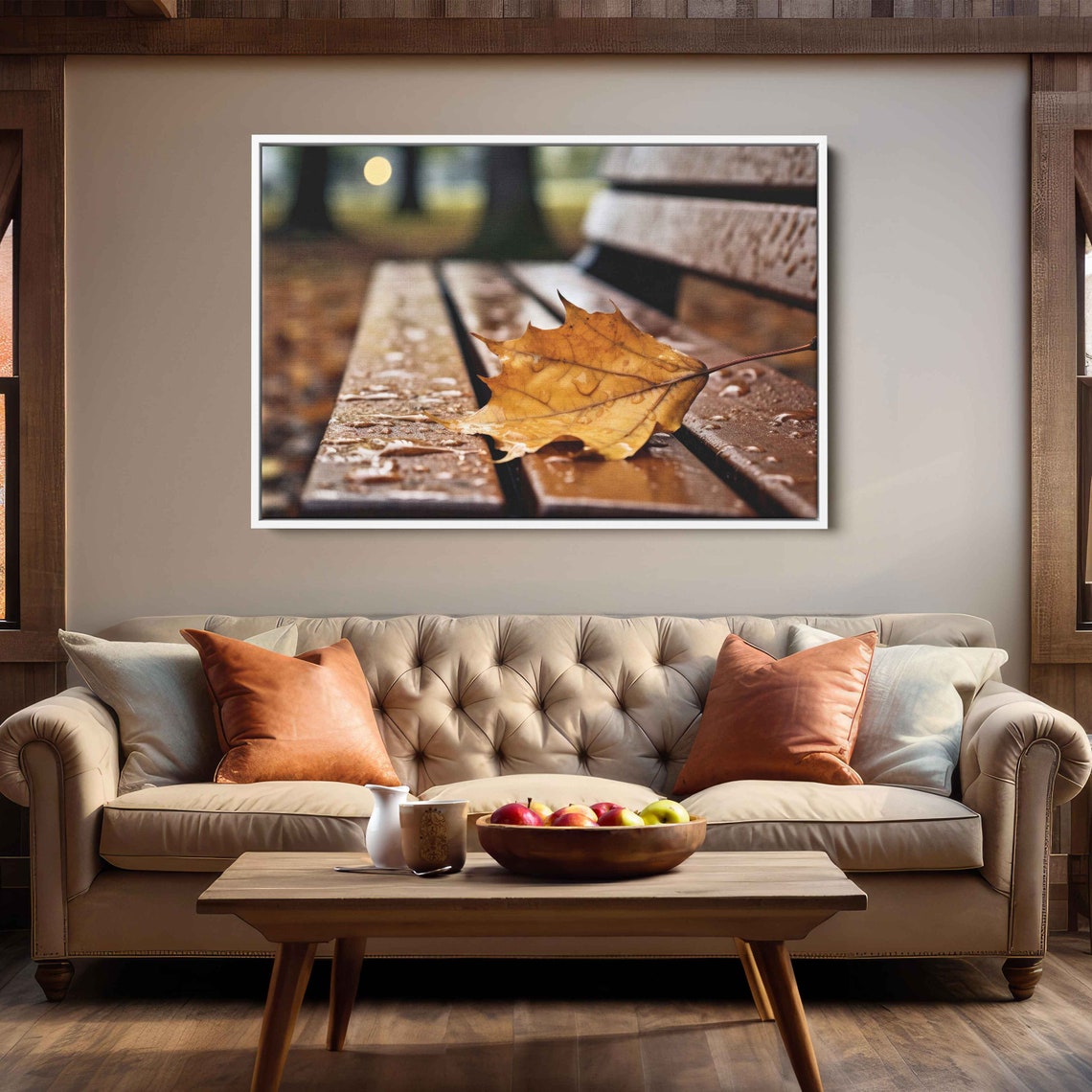 Autumn Leaf With Rain Droplets On Wooden Bench Rainy Day Art Print - Image 3