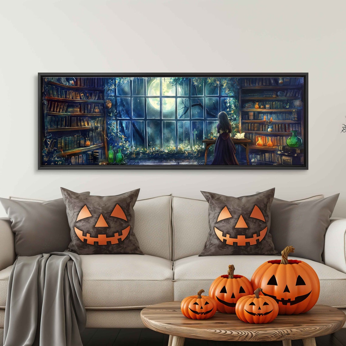 Witch Writing In Grimoire Library Overlooking Moonlit Forest Wall Art