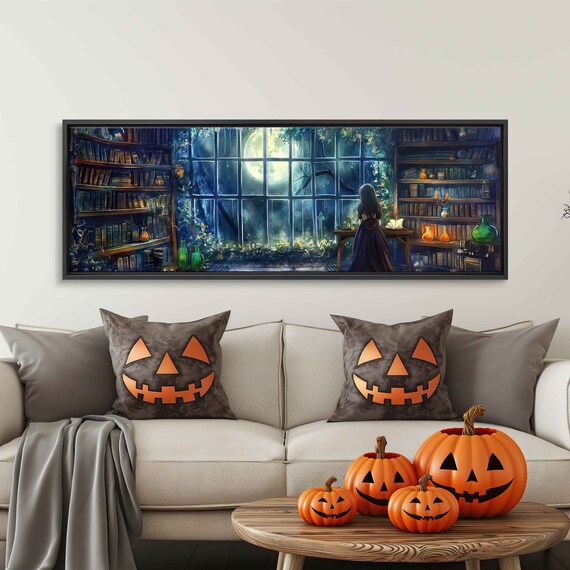 Witch Writing In Grimoire Library Overlooking Moonlit Forest Wall Art