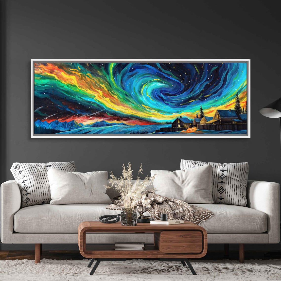Swirling Aurora Night Sky Over Snowy Cabins And Lodge Glow Poster