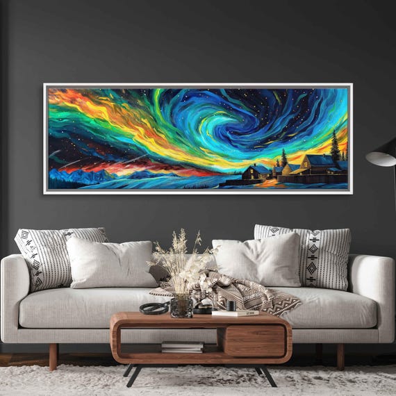 Stunning Northern Lights In Sky Over Cabins Acrylic Wall Art Print Van Gogh Inspired Starry Night Sky Ready To Hang
