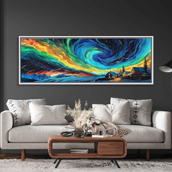 Swirling Aurora Night Sky Over Snowy Cabins And Lodge Glow Poster