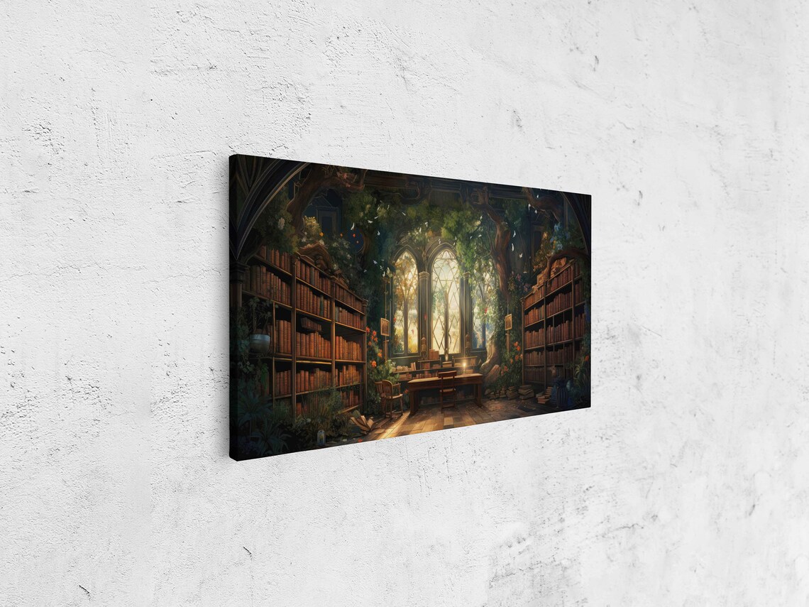 Magical Treehouse Library Interior Arched Windows Bookshelves Fantasy Print - Image 4