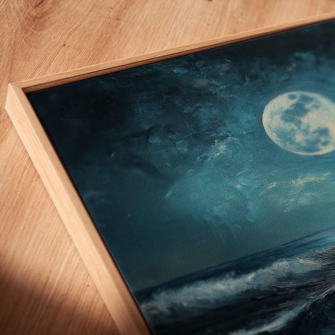 Full Moon Over Rolling Ocean Waves At Night Moonlit Seascape Painting Poster - Image 2