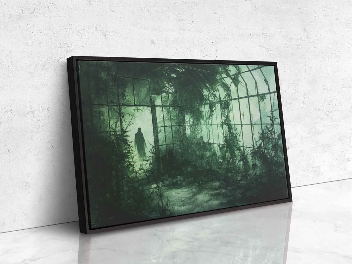 Ghostly Figure In Overgrown Greenhouse Green Fog Dark Botanical Print - Image 4