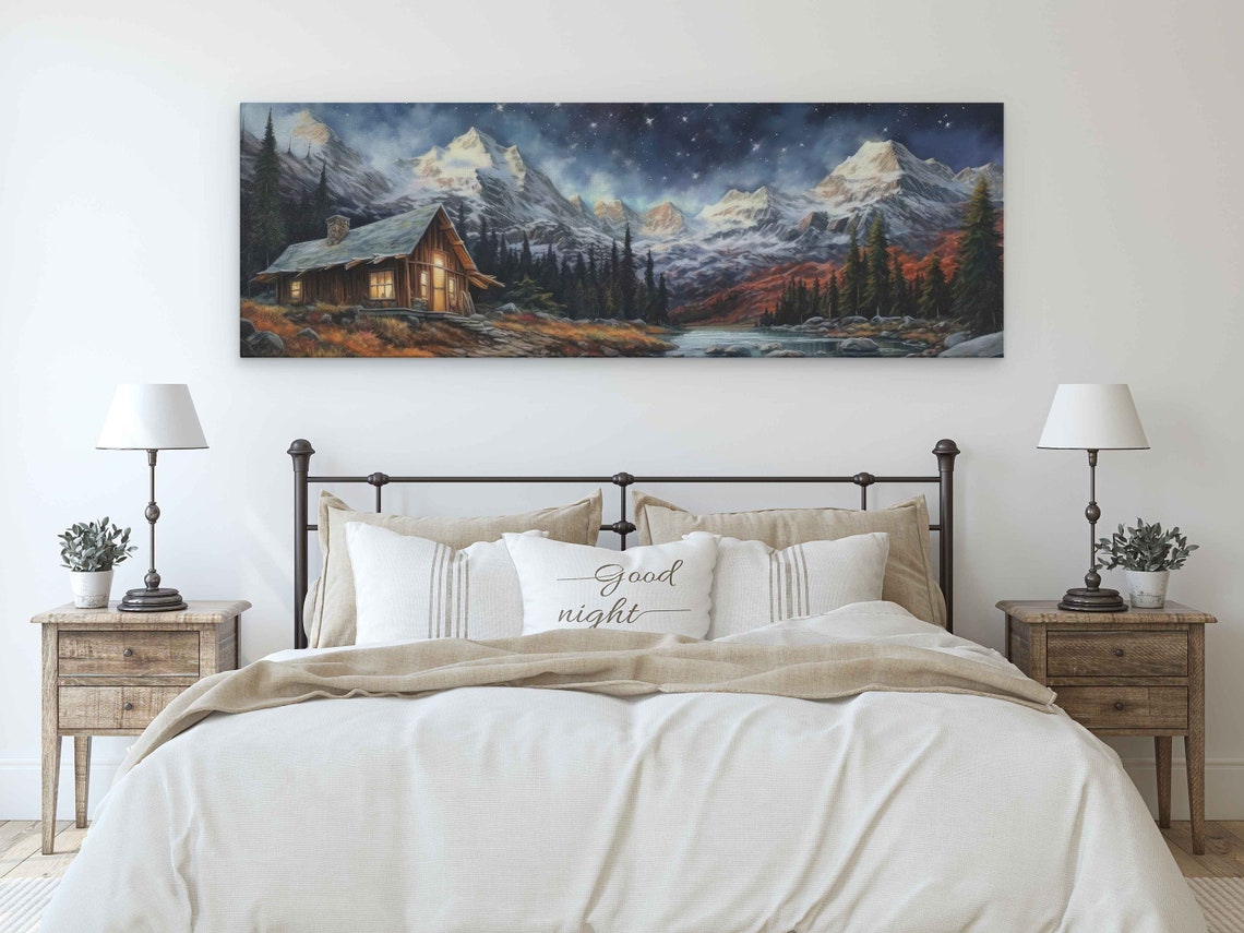Mountain Cabin by River Starry Night Snowy Peaks Painting Poster - Image 3