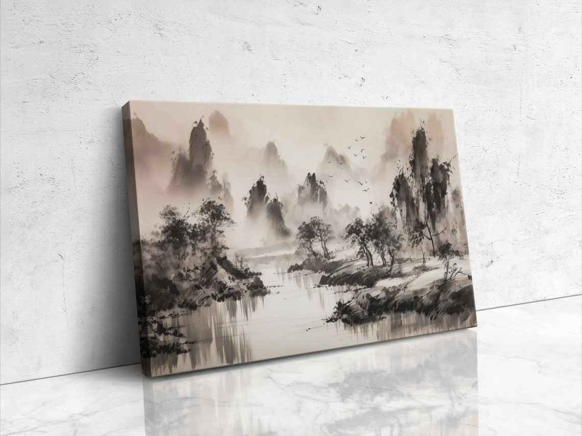 Chinese Ink Wash Mountain Landscape Misty River Birds Sepia Poster - Image 4