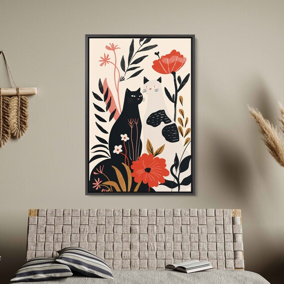 Black and White Cats Among Red Flowers Matisse Style Modern Art Print