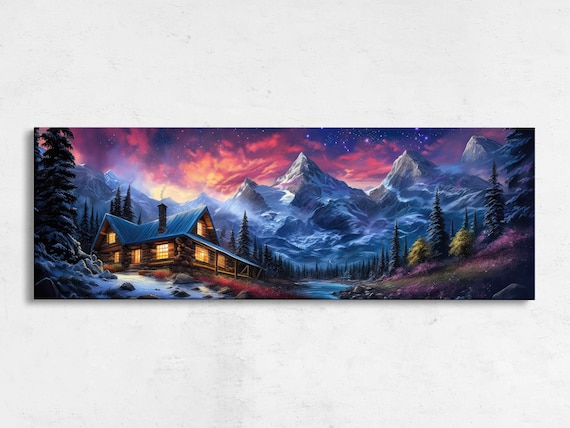 Log Cabin Night Purple Pink Starry Sky Snowy Mountains River Art Poster