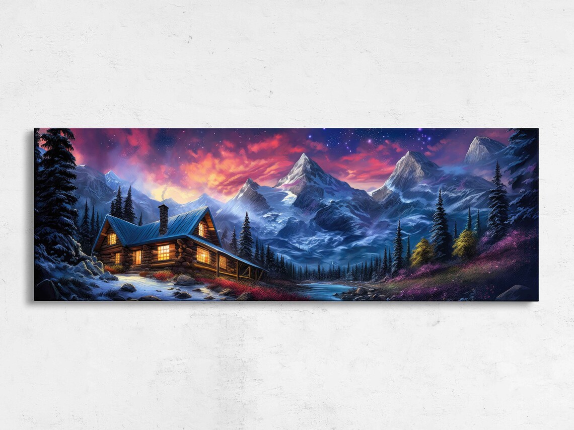 Log Cabin Night Purple Pink Starry Sky Snowy Mountains River Art Poster