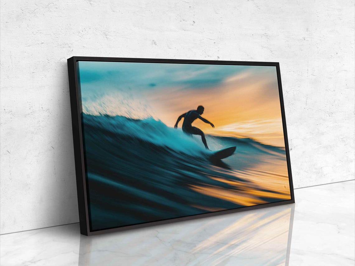 Surfer Catching Wave During Sunset Wall Art Print Gift For Surfer Blue Water Vibrant Colors Ready To Hang - Image 4