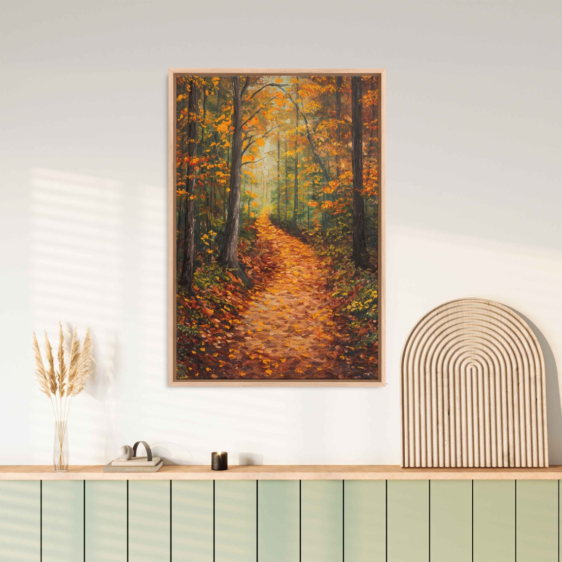 Golden Forest Path Covered In Fallen Leaves Autumn Acrylic Art Poster