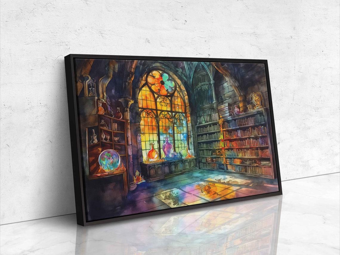 Witches Library Stained Glass Window Moonlight Books Watercolor Art - Image 4