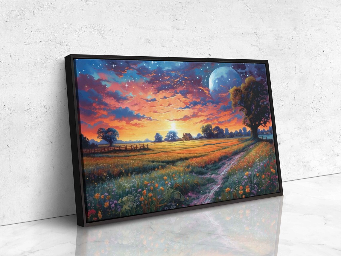 Dreamy Sunset Flower Field Moon Path Fantasy Acrylic Painting Poster - Image 4