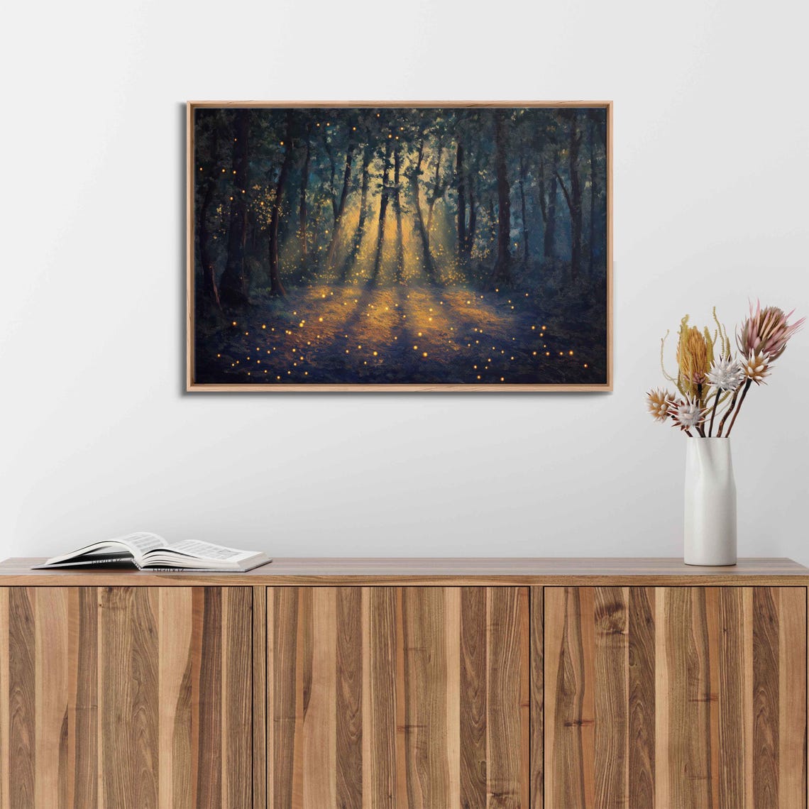 Enchanted Forest Wall Art Print Mystical Oil Painting Glowing Fireflies Moonlight Shadows - Image 3
