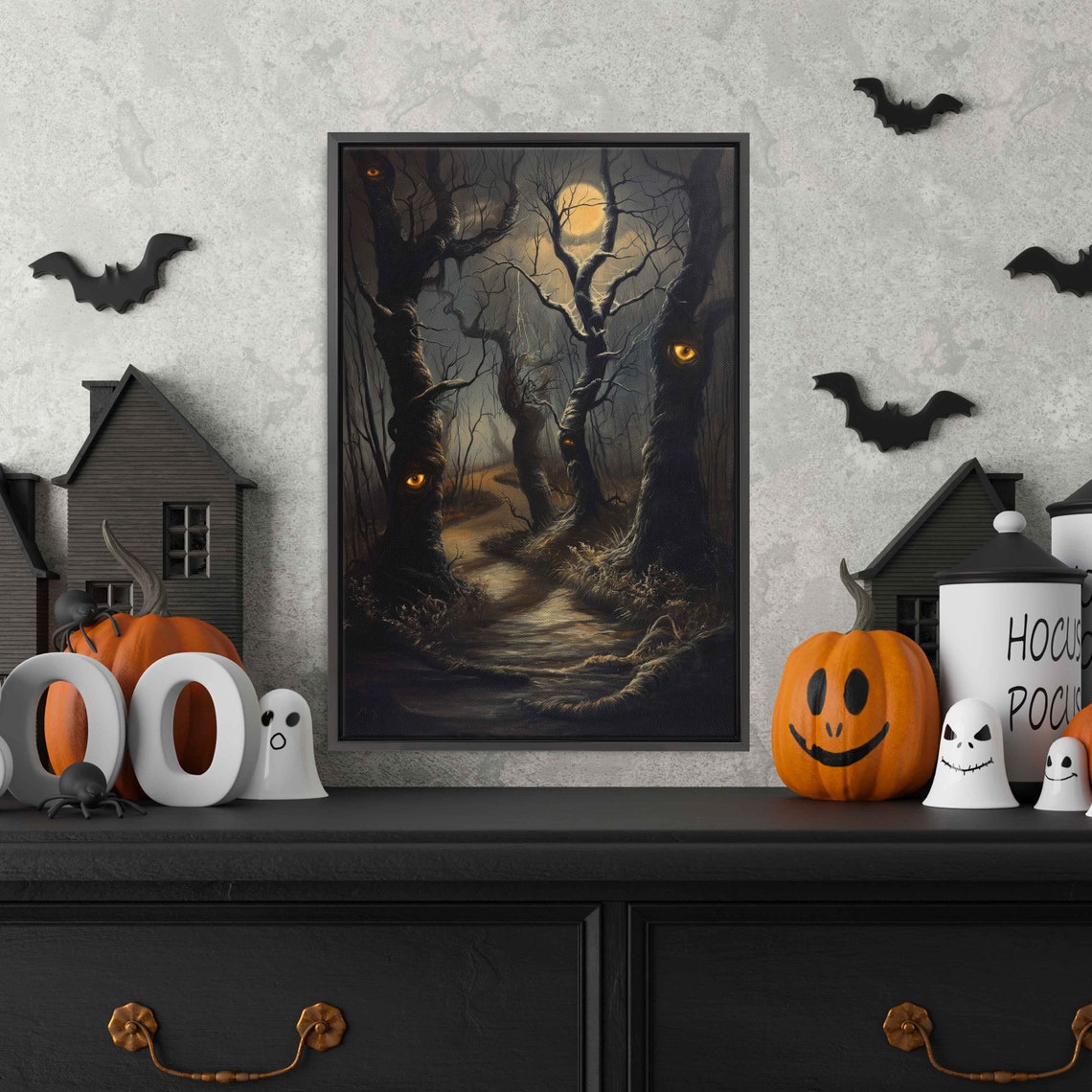 Haunted Forest With Glowing Eyes Moonlit Trail Spooky Night Poster