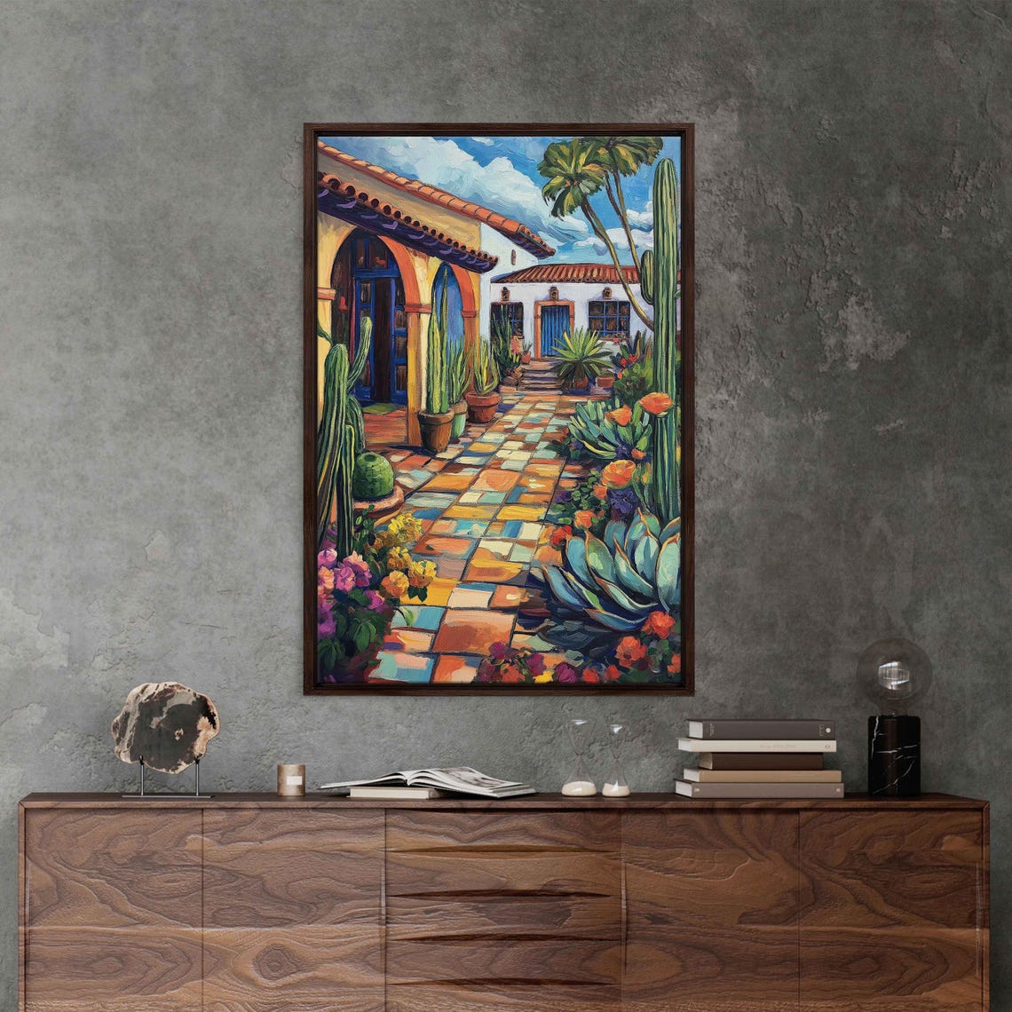 Mexican Courtyard Colorful Tiles Cacti Flowers Vibrant Travel Poster