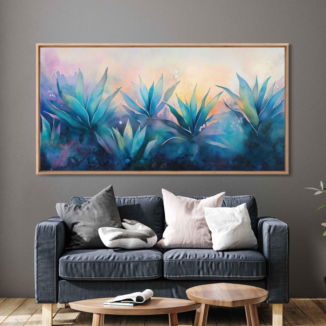 Watercolor Agave Plants Blue Teal Tones Tranquil Pastel Sky Art Poster