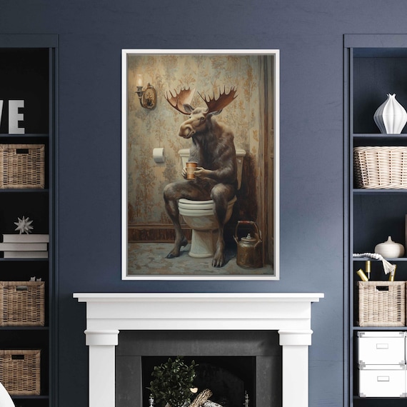 Moose Holding Mug On Toilet Antique Bathroom Cozy Funny Poster
