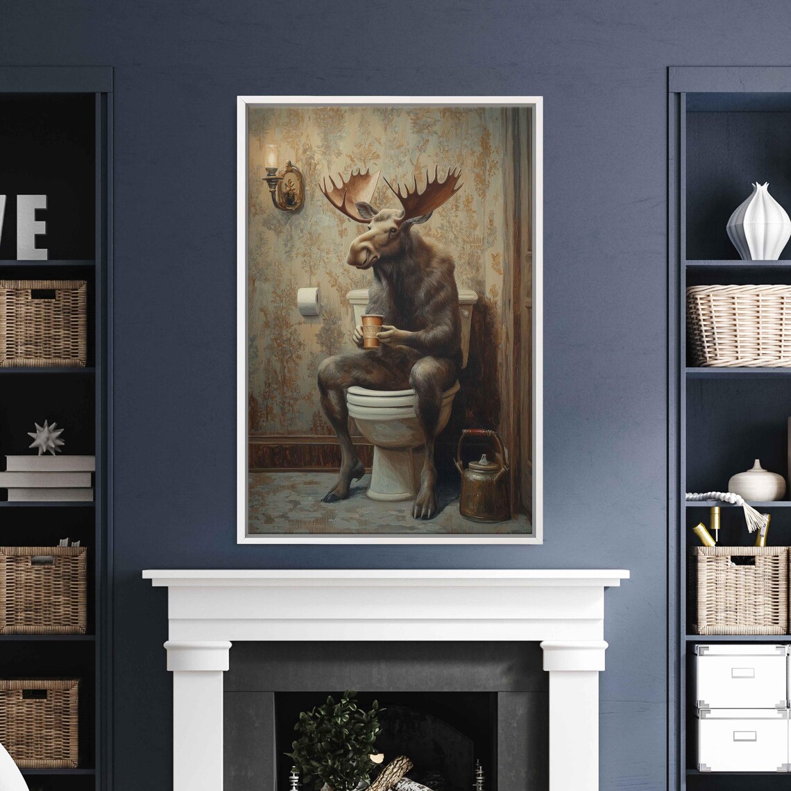Moose Holding Mug On Toilet Antique Bathroom Cozy Funny Poster