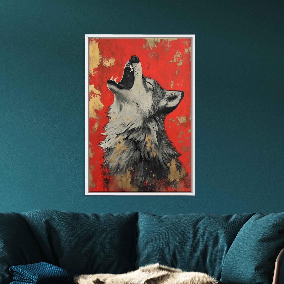 Surreal Silver Wolf Howling Art Print, Whimsical